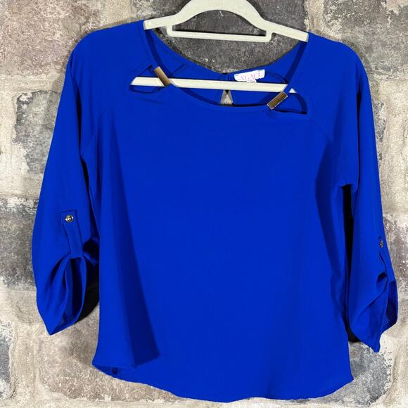 A'Gaci Blouse Woman's Small Royal Blue Gold Cut-Outs 3/4 Sleeve Corpcore Office - Picture 1 of 12
